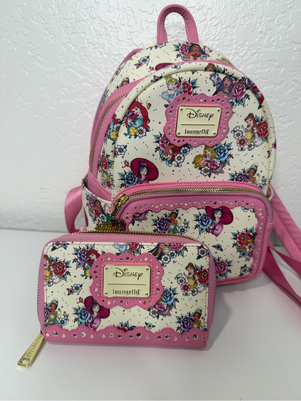 Loungefly Disney Princess Floral Pink & Cream Backpack and Wallet Set